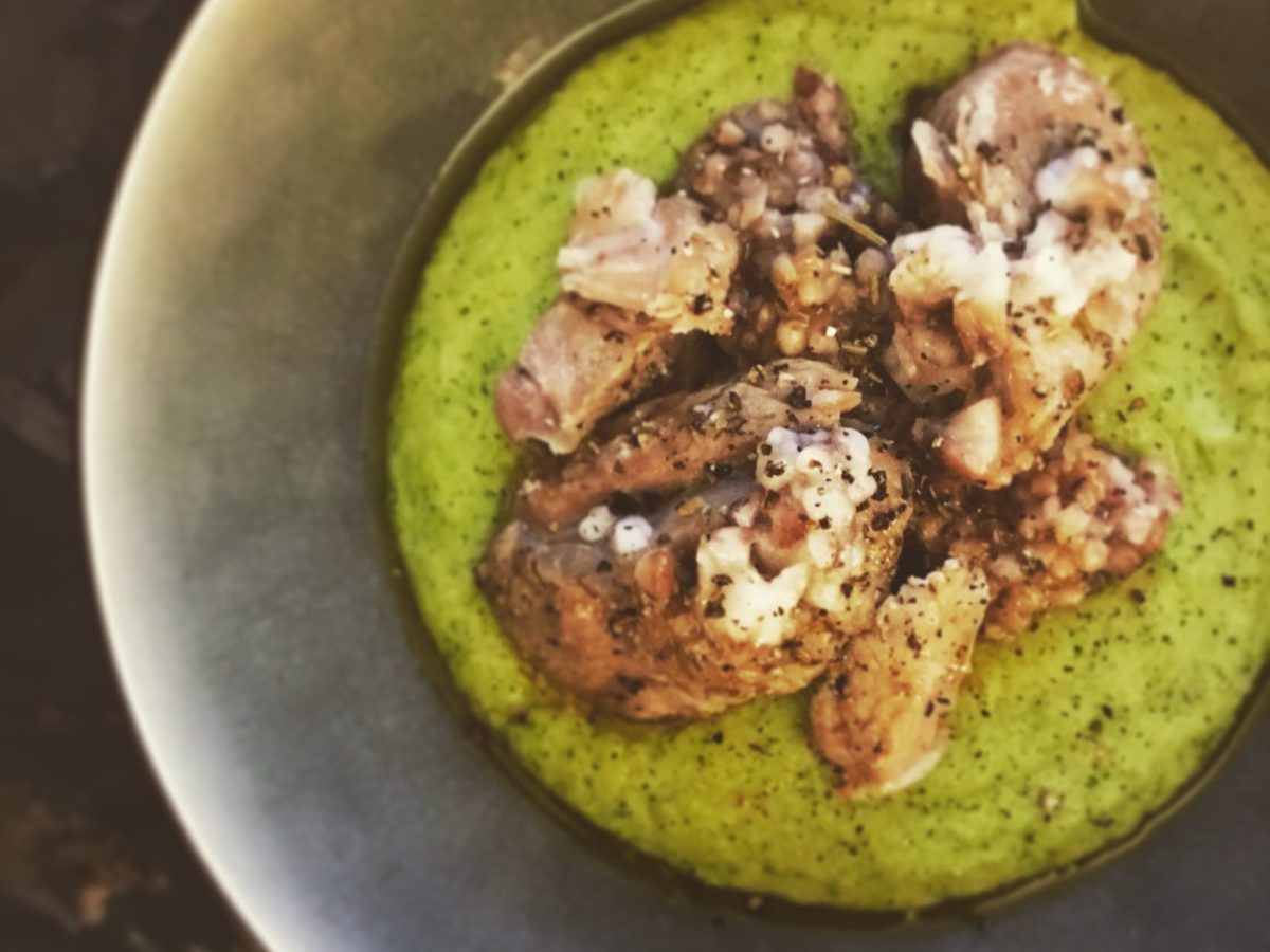crème de brocolis à la polenta, veau et risotto de&nbsp;sarrasin