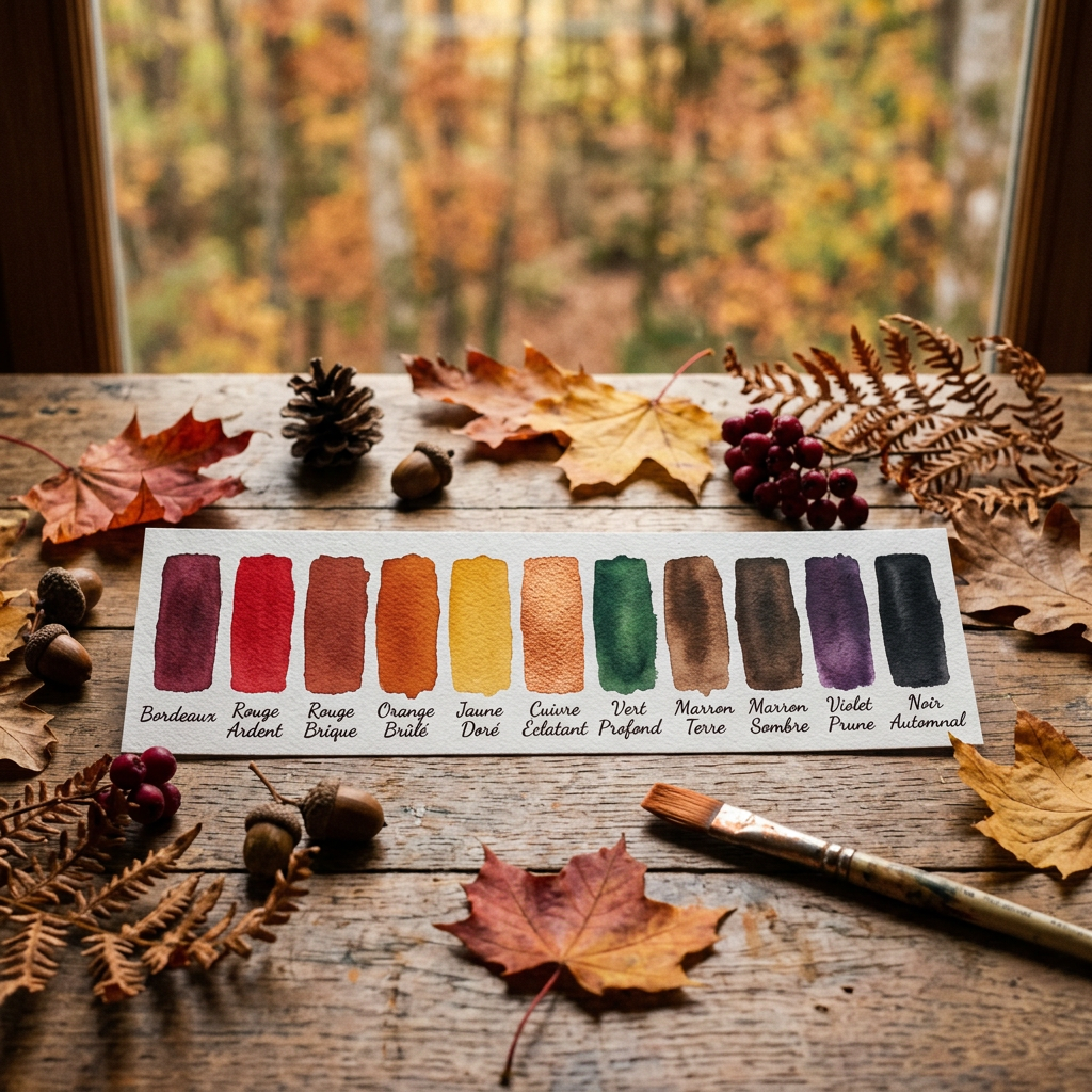 Palette labeled Bordeaux, Rouge Ardent, Rouge Brique, Orange Brûlé, Jaune Doré, Cuivre Éclatant, Vert Profond, Marron Terre, Marron Sombre, Violet Prune, and Noir Automnal